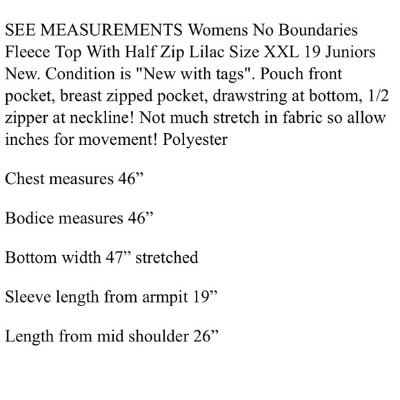 NO BOUNDARIES Womens Light Fleece Top Half Zip Lilac Size XXL 19 Juniors New - Picture 4 of 5